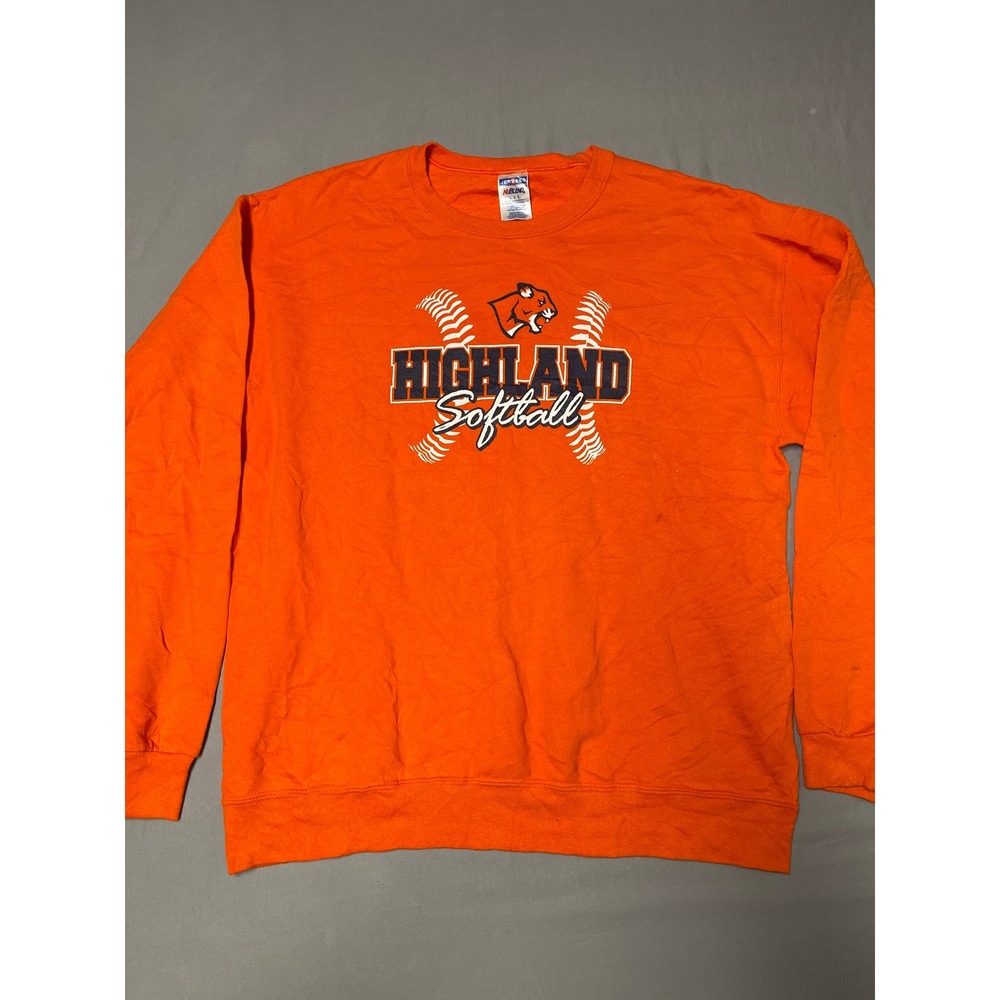 Jerzees NuBlend Highland Softball Sweatshirt Mens Large Orange Crewneck Graphic